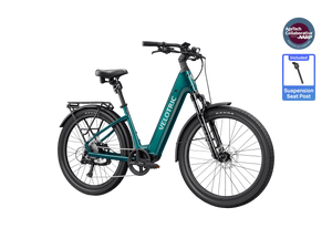 Emerald green Velotric Discover 3 eBike side view, showcasing step-through frame, battery, and rear rack