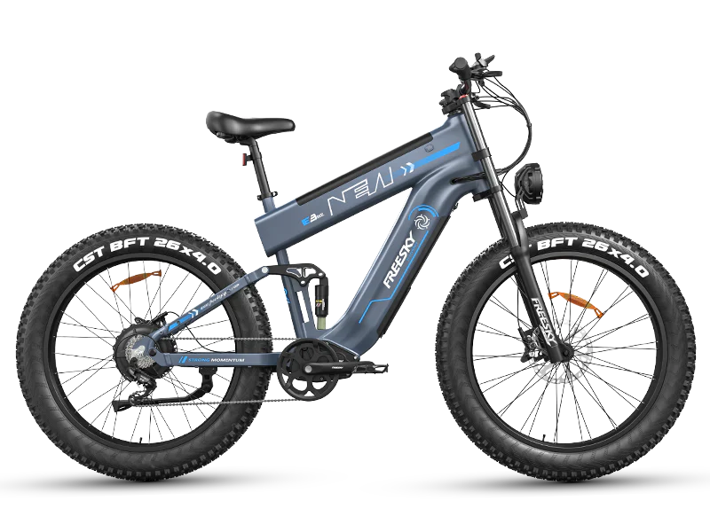 Blue Freesky Alaska Pro M-520 electric bike, side view, on a white background
