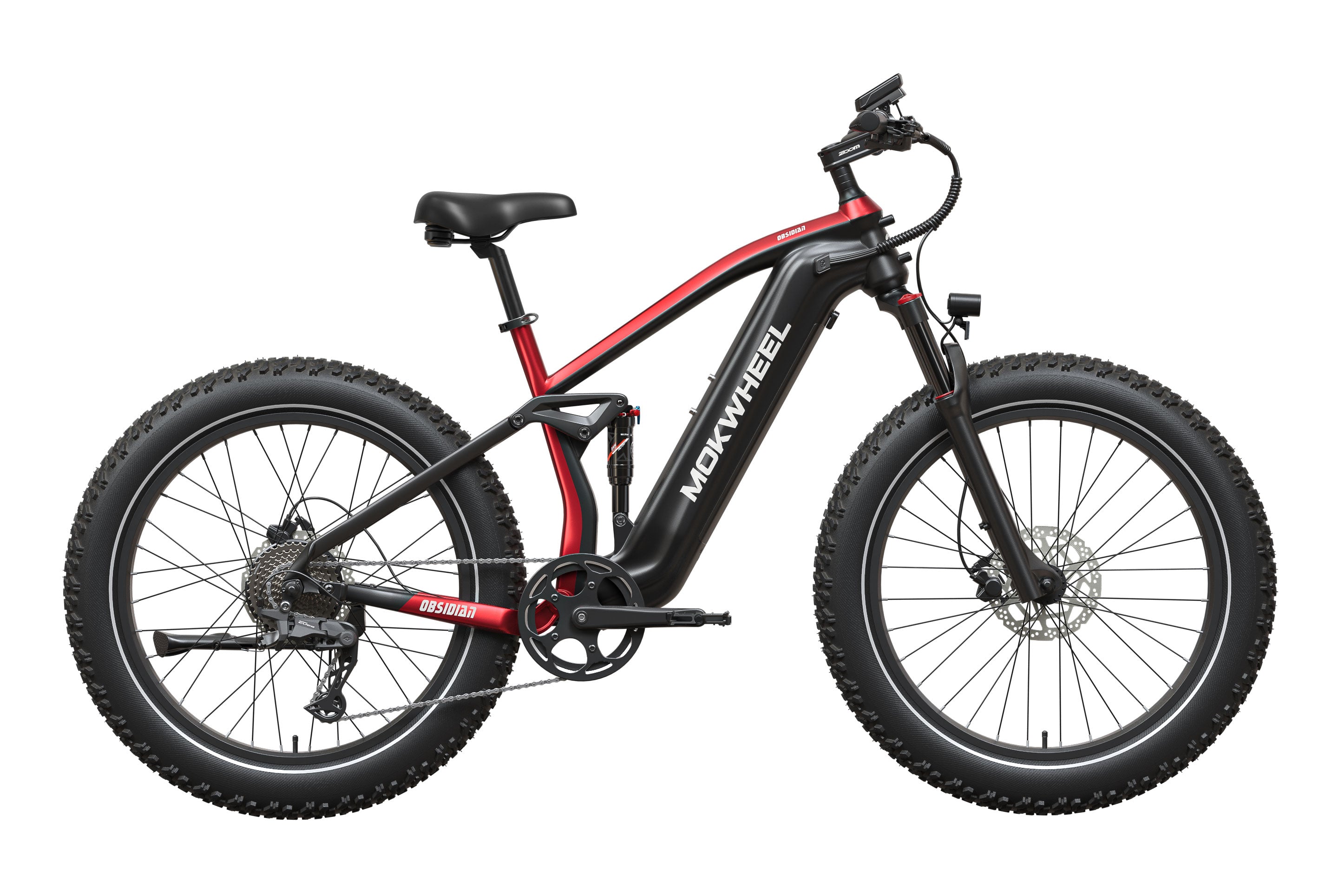 Black and red Mokwheel Obsidian 2.0 Step Over eBike, side view, against a plain background