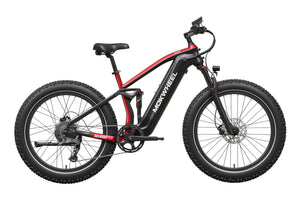 Black and red Mokwheel Obsidian 2.0 Step Over eBike, side view, against a plain background