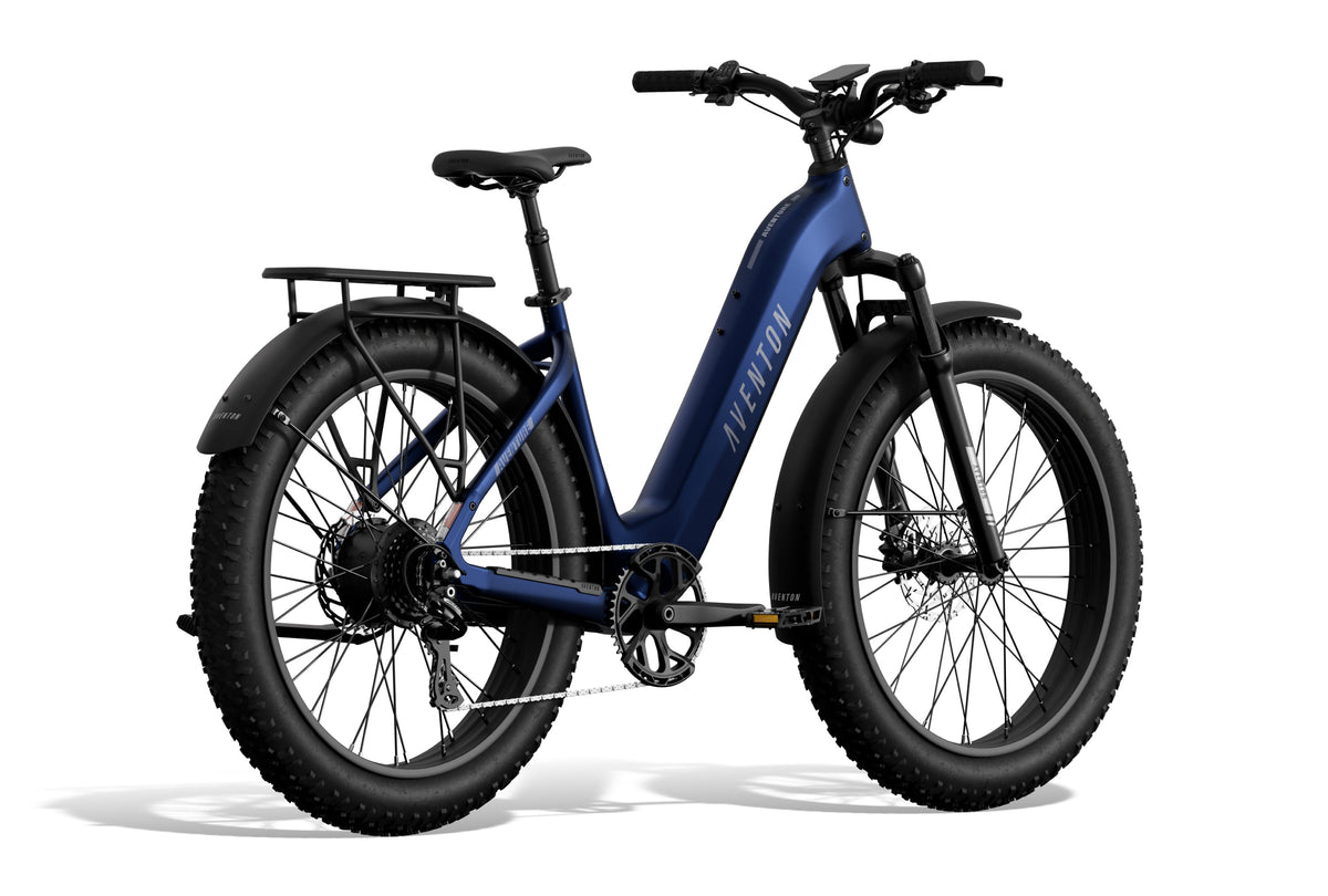Aventon Aventure 3 Step-Thru electric bike in Cobalt Blue, side view, showcasing frame design and features
