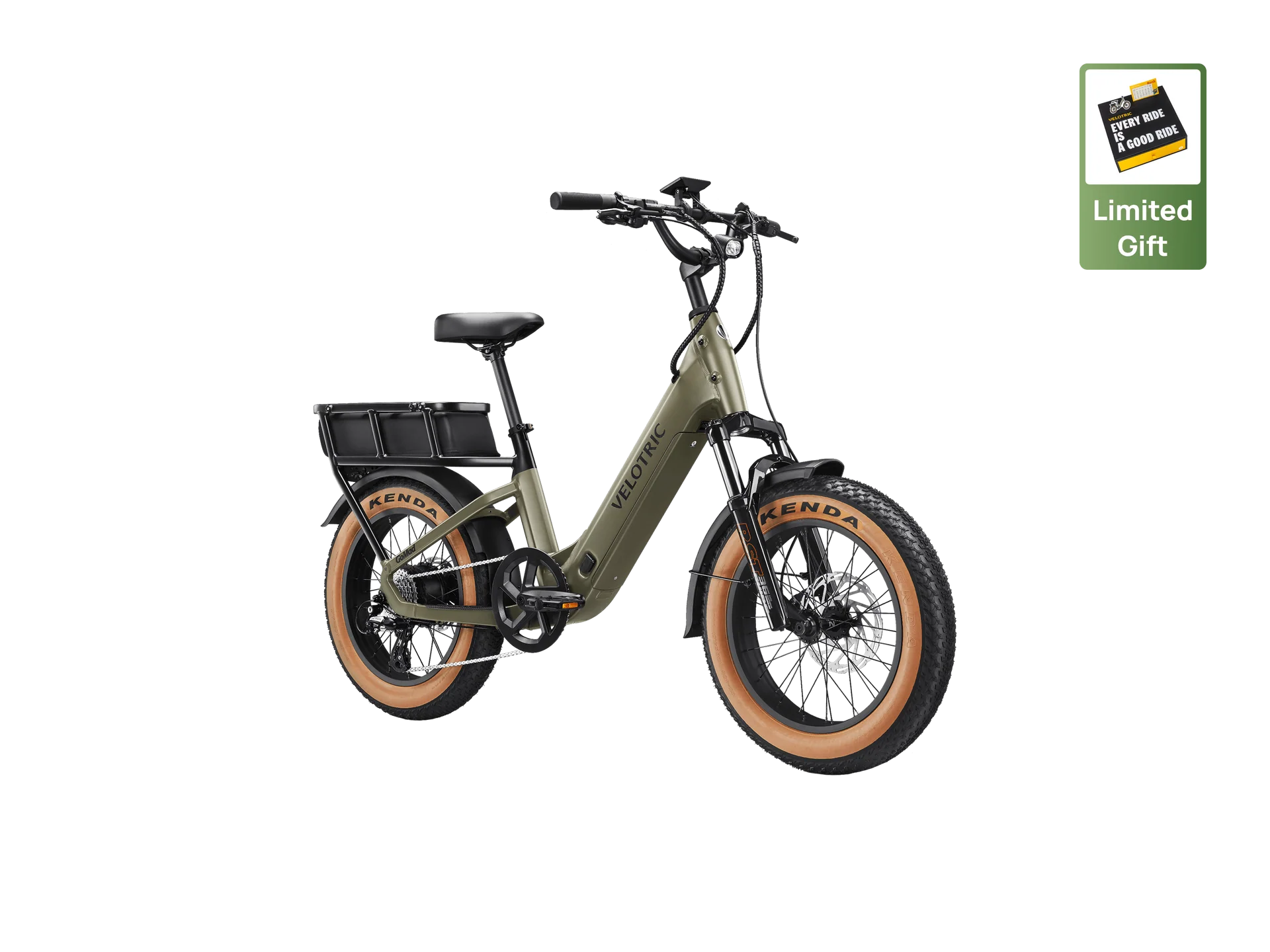 Velotric GoMad eBike in Sage color, side view, showcasing its frame, wheels, and battery.