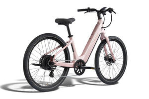 Aventon Pace 5 REC Step-Thru electric bike in Sakura color, side view, against a plain background