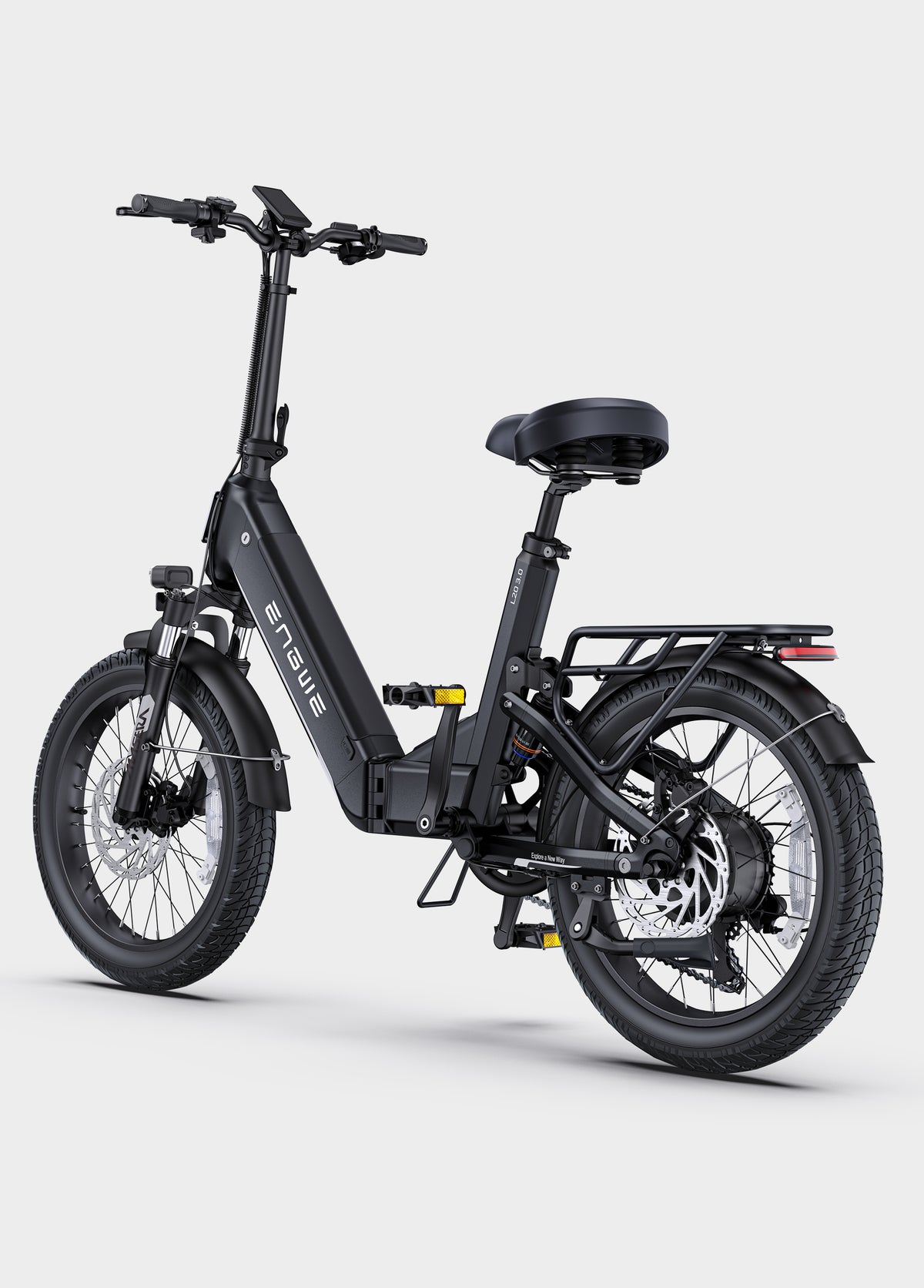 Black ENGWE L20 3.0 electric bike side view, showcasing sturdy frame, front basket, and rear rack