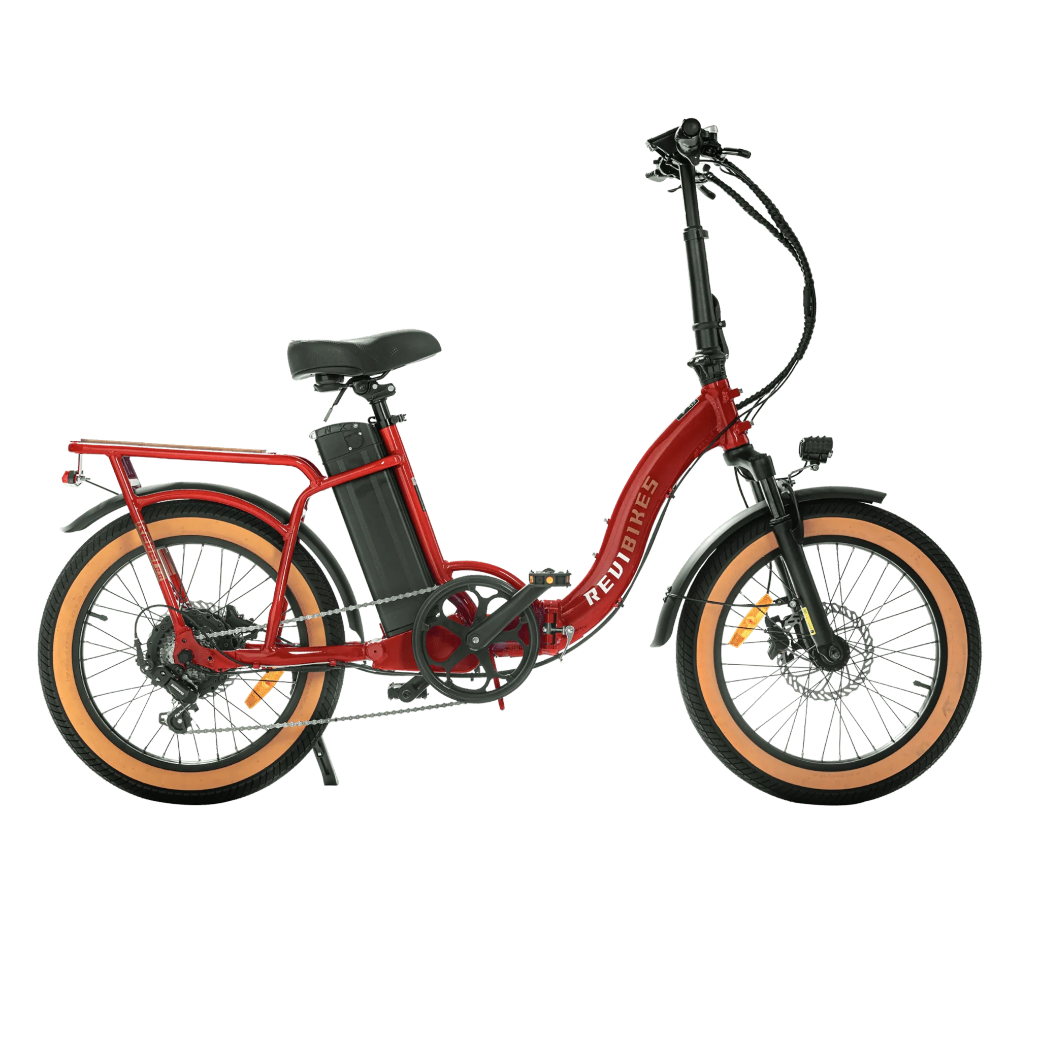 Red REVI Rebel 2 750w step-thru electric folding bike with 20x3 fat tires, shown in product image.