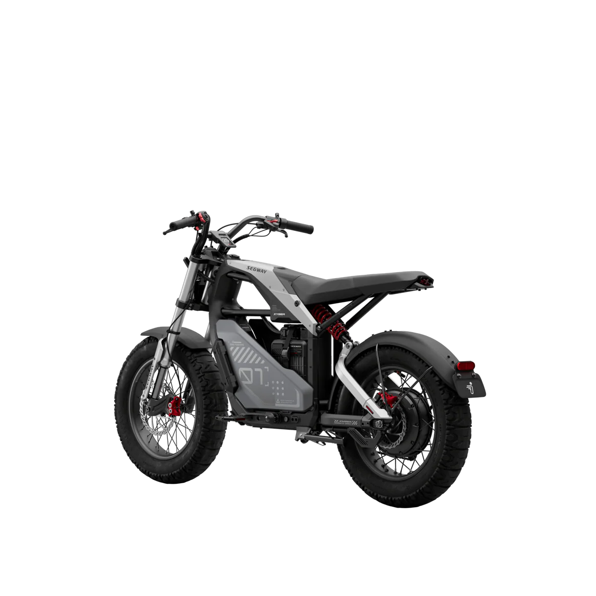 Side view of the eMOTO Segway Xyber electric bike parked outdoors, showcasing its rugged tires, sturdy frame, and modern design features.