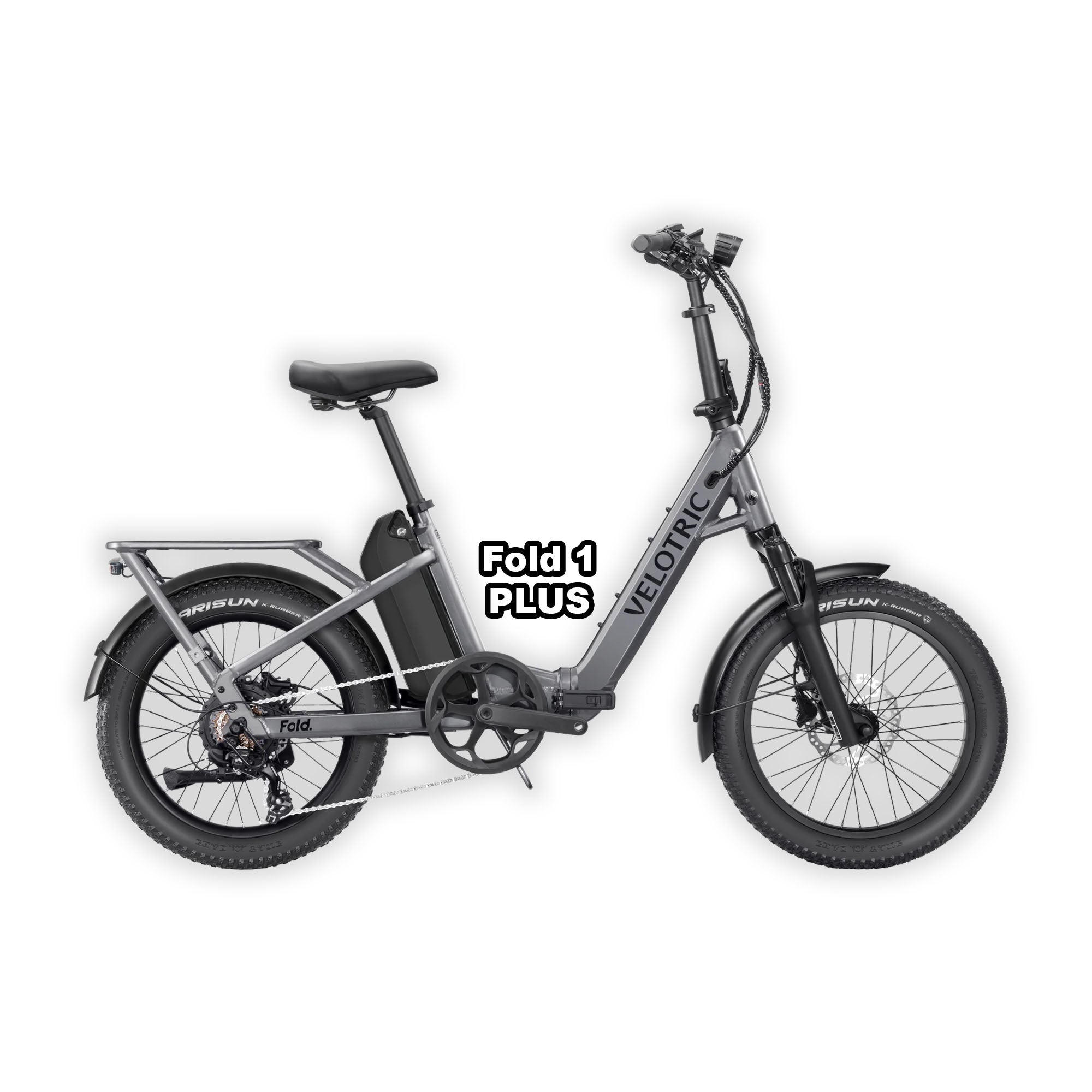 Velotric Fold 1 PLUS eBike in Stone Gray color, folded and placed inside its box, product image showing the bike and packaging.