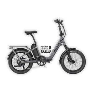 Velotric Fold 1 PLUS eBike in Stone Gray color, folded and placed inside its box, product image showing the bike and packaging.