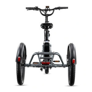 Electric XP Trike 500W 48V folding fat tire eBike in store, product image showing three-wheel electric bike with sturdy frame and wide tires.