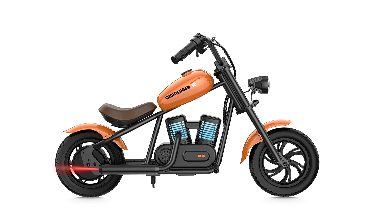 Orange eMOTO Hyper Gogo Challenger 12 Plus electric bike, side view, on white background
