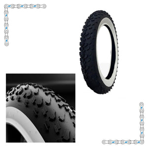 26-inch by 4-inch black knobby fat tire with white wall, designed for electric bikes, product image showing tread and sidewall details.