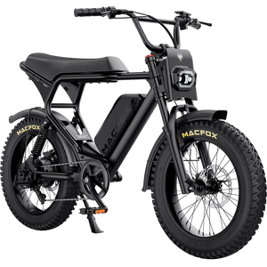 Electric bike Macfox X2 with single battery and fenders, side view, black frame, displayed on a white background.