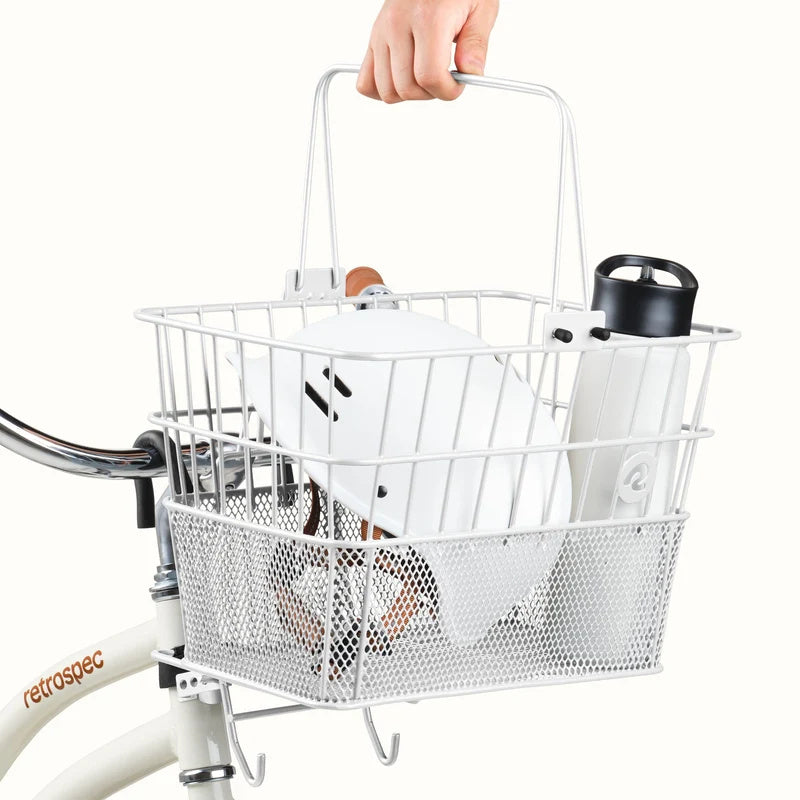 White Retrospec Apollo steel eBike basket attached to a bicycle, product image on a white background.