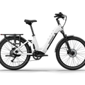 White Himiway A7 electric bike side view, showcasing step-through frame, front suspension, and rear cargo rack.