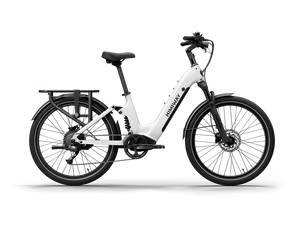 White Himiway A7 electric bike side view, showcasing step-through frame, front suspension, and rear cargo rack.