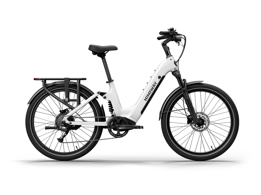 White Himiway A7 electric bike side view, showcasing step-through frame, front suspension, and rear cargo rack.