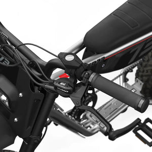 Side view of the Super73 Z Adventure Series Core eMOTO eBike in a showroom, highlighting its rugged frame, thick tires, and minimalist design.