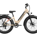 Tan Mokwheel Mesa Plus ST electric bike, side view, displayed on a white background.