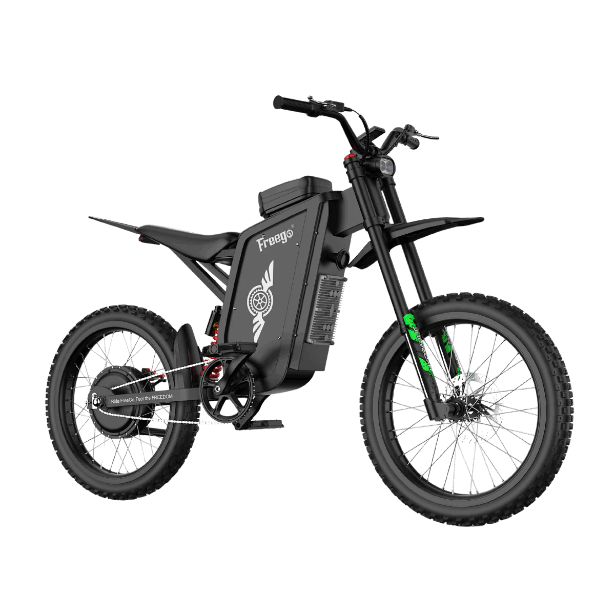 Side view of the eMOTO Freego X3 electric scooter showing its black frame, wide deck, large tires, and rear suspension system.