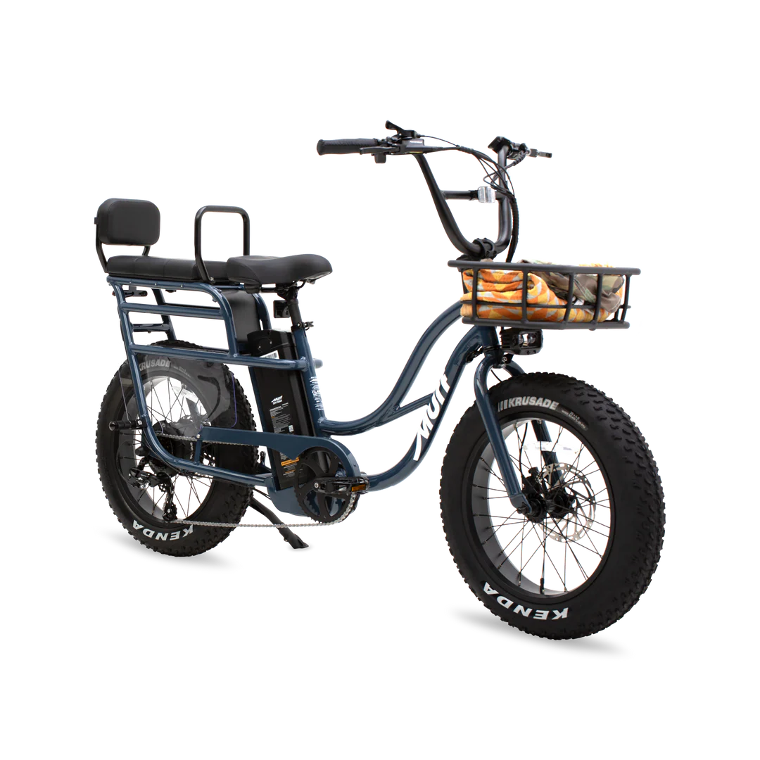 Marine blue Murf Higgs Plus eBike side view with black tires and silver accents