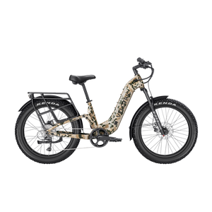 Velotric Nomad 2X Step-Thru eBike in multi-terrain camo color, shown from the side on a white background