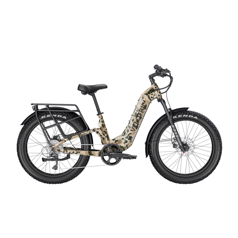 Velotric Nomad 2X Step-Thru eBike in multi-terrain camo color, shown from the side on a white background