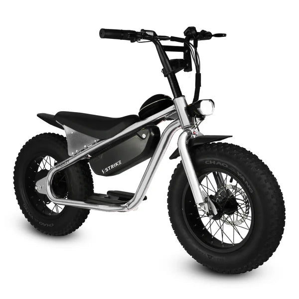 Chrome eBike Strike Big Boy electric bicycle side view with large tires and sleek metallic frame