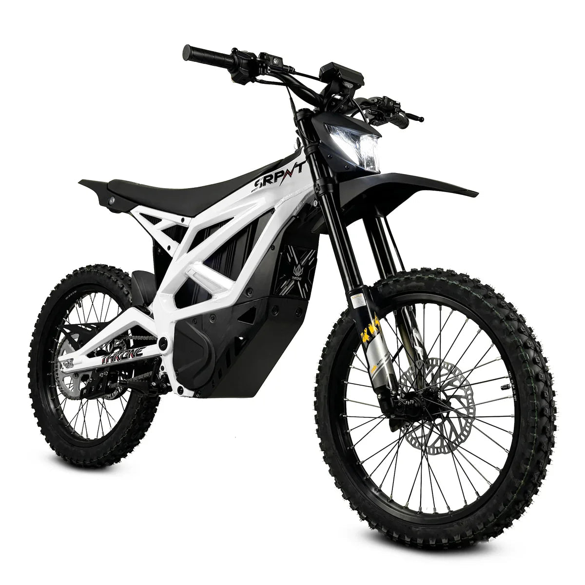 White eMOTO Strike SRPNT X3 electric motorcycle, side view, model "Savage 2"