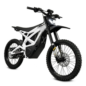 White eMOTO Strike SRPNT X3 electric motorcycle, side view, model "Savage 2"