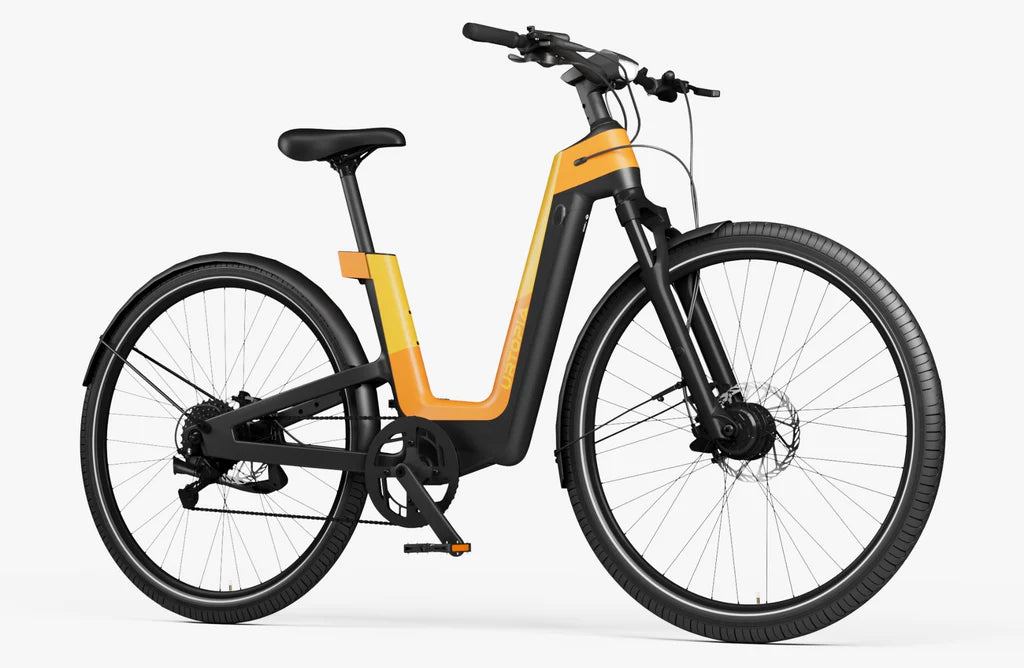 Urtopia Fusion GT eBike in Vital Orange, side view highlighting frame design, wheels, and integrated components