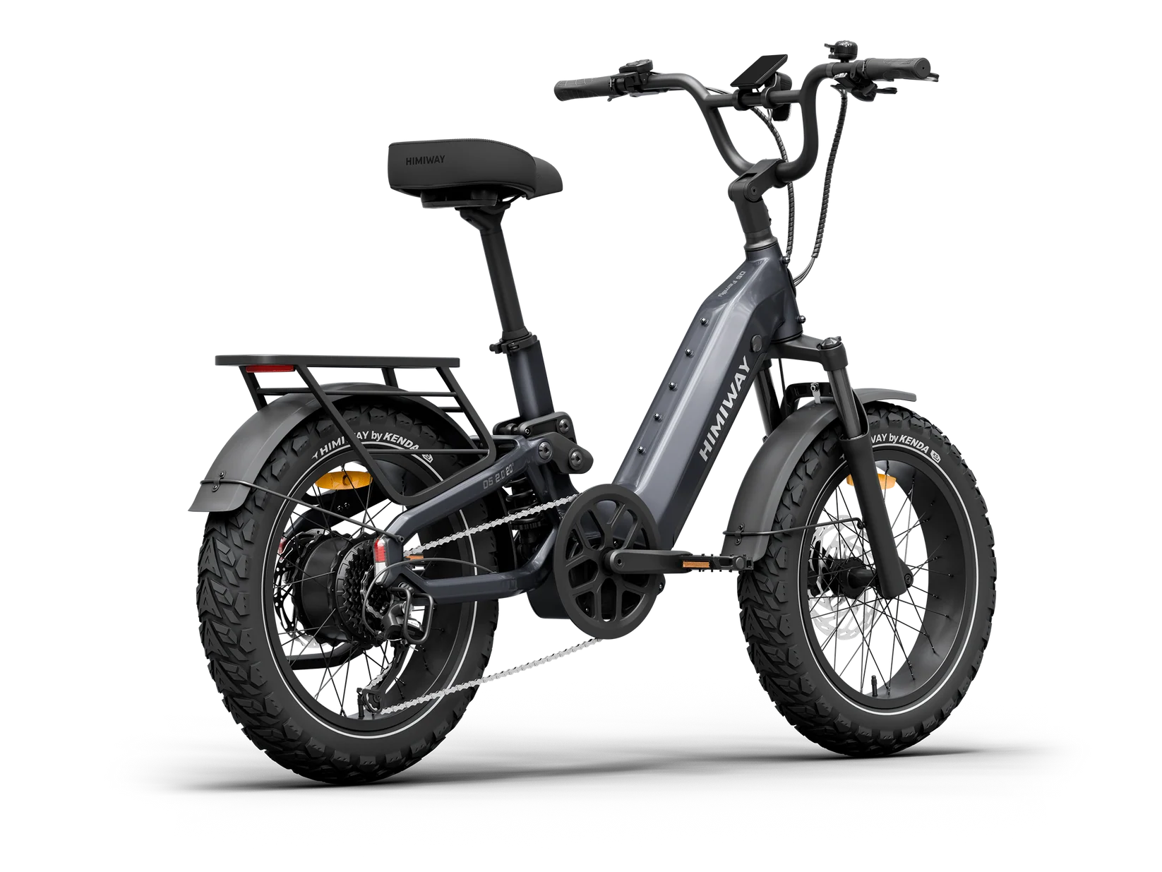 Side view of the Himiway D5 2.0 eBike in space grey, showcasing its 20-inch wheels, sturdy frame, and integrated battery.