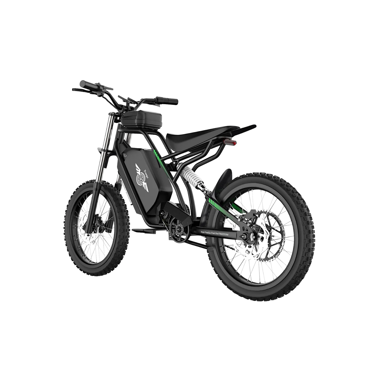 Side view of the Freego Nova 3 eBike in black, showing its step-through frame, battery pack, and rear cargo rack against a white background.