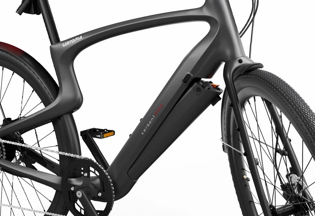 Side view of the Urtopia Carbon Classic eBike in matte black, showcasing its lightweight carbon frame, sleek design, and integrated components against a plain background.