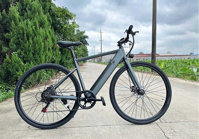 A black FREEGO E7 Step Over electric commuter bike with a 250W motor, upright handlebars, front suspension, and city tires, displayed on a white background.