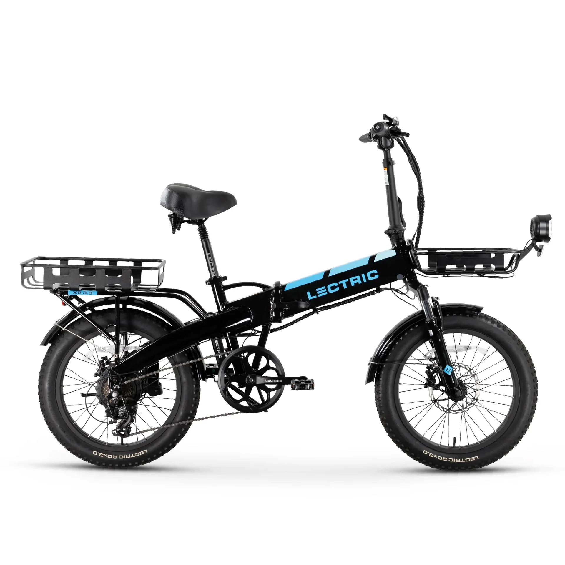 Lectric XP 3.0 long-range 500W fat tire folding eBike, black, displayed in-store with thick tires and compact frame