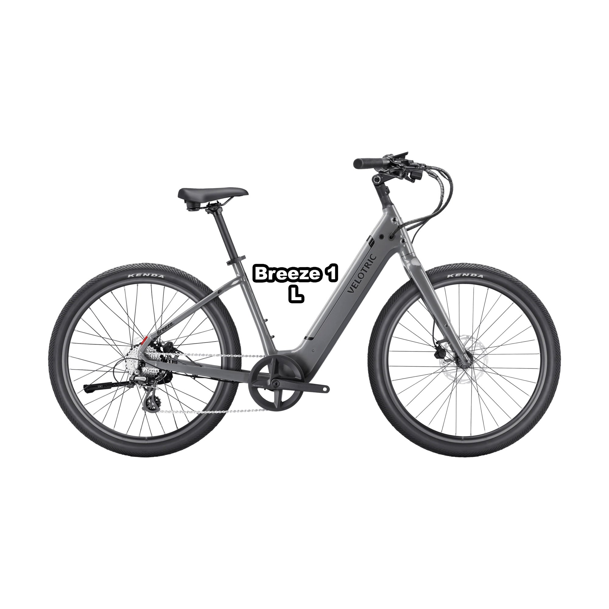 Large-frame Velotric Breeze 1 eBike in slate grey, shown in its box with packaging, product label visible, model number 850060178832.