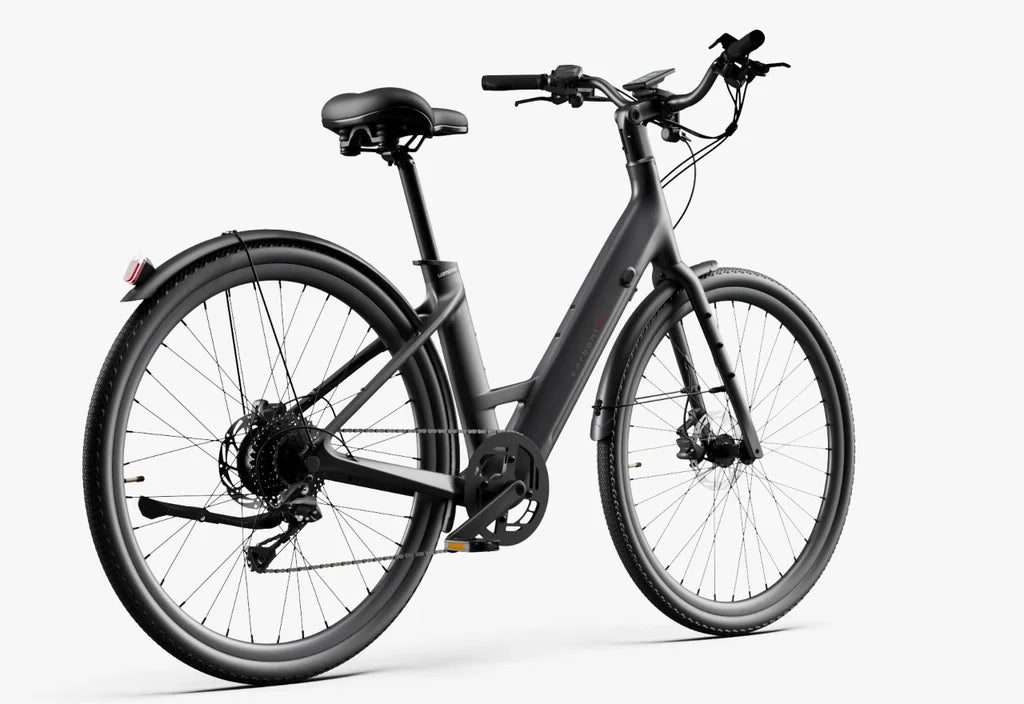 Side view of the Urtopia Carbon Classic Step Thru eBike in black, showcasing its lightweight carbon frame, step-through design, and integrated display on the handlebars.