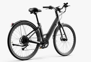 Side view of the Urtopia Carbon Classic Step Thru eBike in black, showcasing its lightweight carbon frame, step-through design, and integrated display on the handlebars.