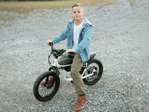 A Himiway C1 Kids E-Bike with a 350W motor, step-over frame, and 16x3 inch fat tires, shown as a compact electric mini fat tire bike.