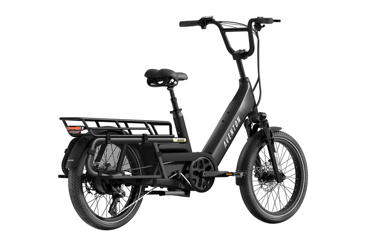 Aventon Abound LR electric bike in Matte Stealth color, side view, showcasing cargo rack and step-through frame