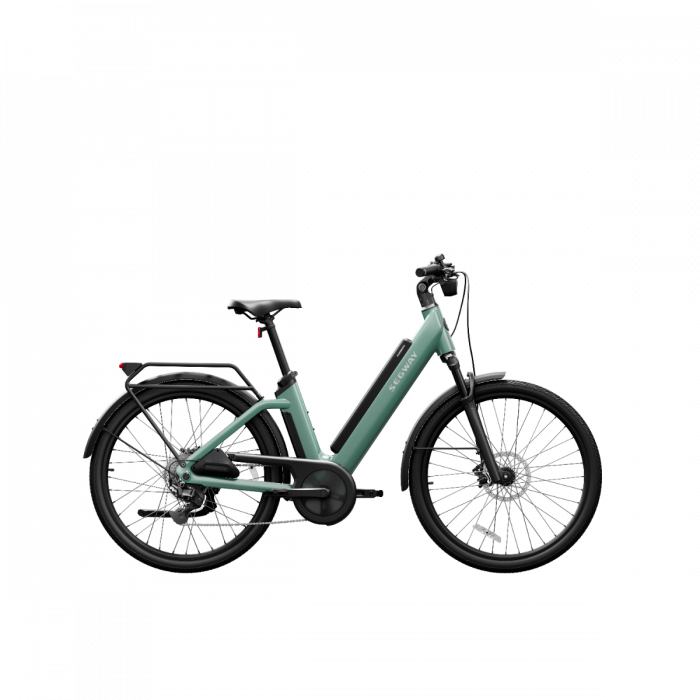 Green Segway Myon eBike side view, showcasing sleek frame design and integrated battery.