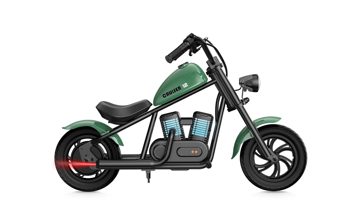 Green eMOTO Hyper Gogo Cruiser 12 Plus electric bike, side view, displayed on a white background