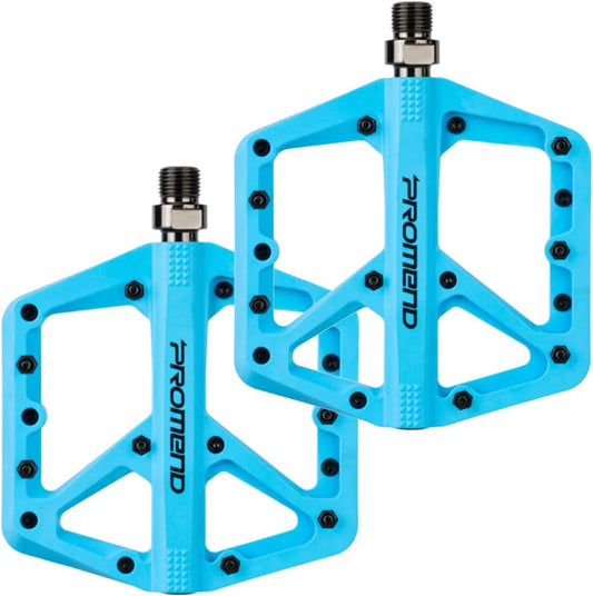 Blue nylon bicycle pedal with a silver axle, photographed on a plain background.