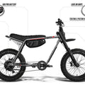 Side view of the Super73 Z Adventure Series Core eMOTO eBike in a showroom, highlighting its rugged frame, thick tires, and minimalist design.