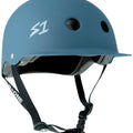 A large S1 Lifer Brim Helmet in Ocean blue color, designed for eBike use, shown from a side angle highlighting its extended brim and ventilation holes.