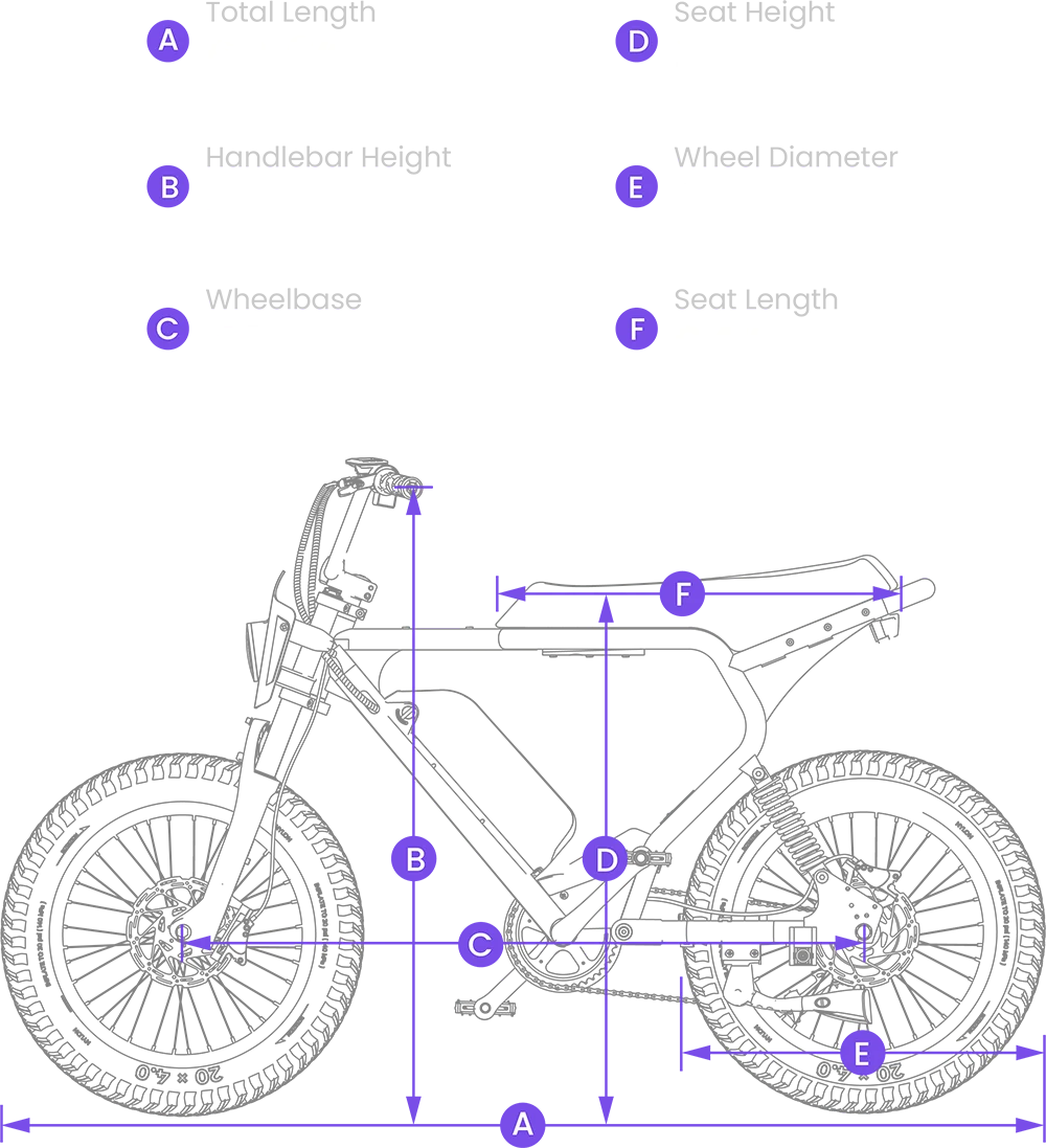Size guide for the Macfox X2 eBike, displaying bike dimensions and measurements for reference.