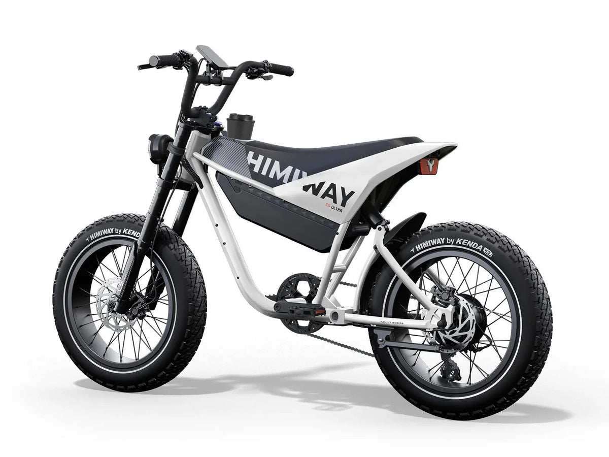 Black eMOTO HIMIWAY C5 Ultra 750W step-over e-moto style electric bike with 20x4 fat tires, shown in product image.