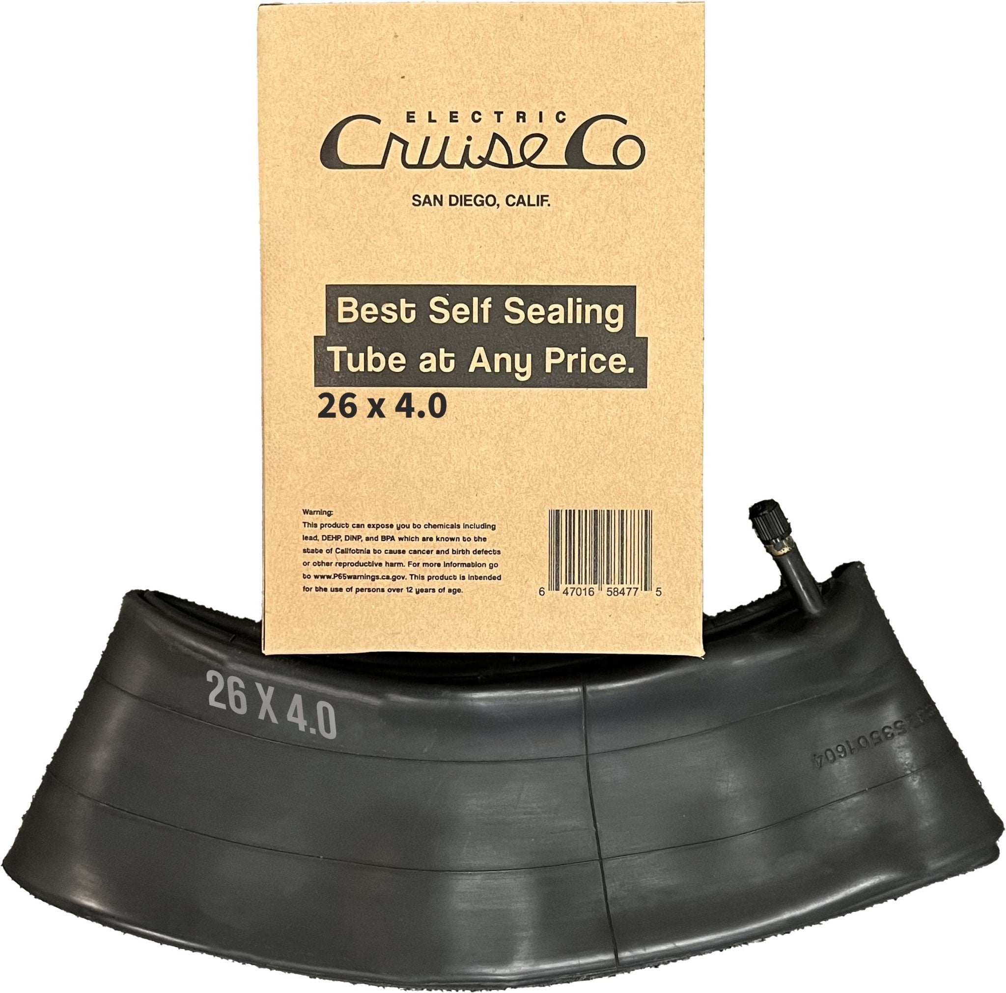 Product image of an eBike 26x4 fat tire self-sealing bicycle tube with a Schrader valve, designed for heavy-duty e-bike use.