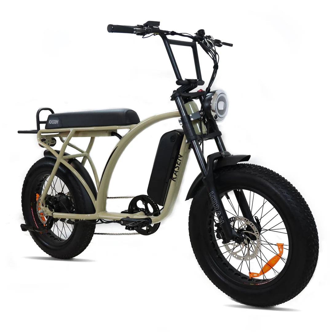 Side view of a Kasen Kabbit Classic eBike in sand color, showing its step-through frame, black saddle, and rear cargo rack against a plain background.