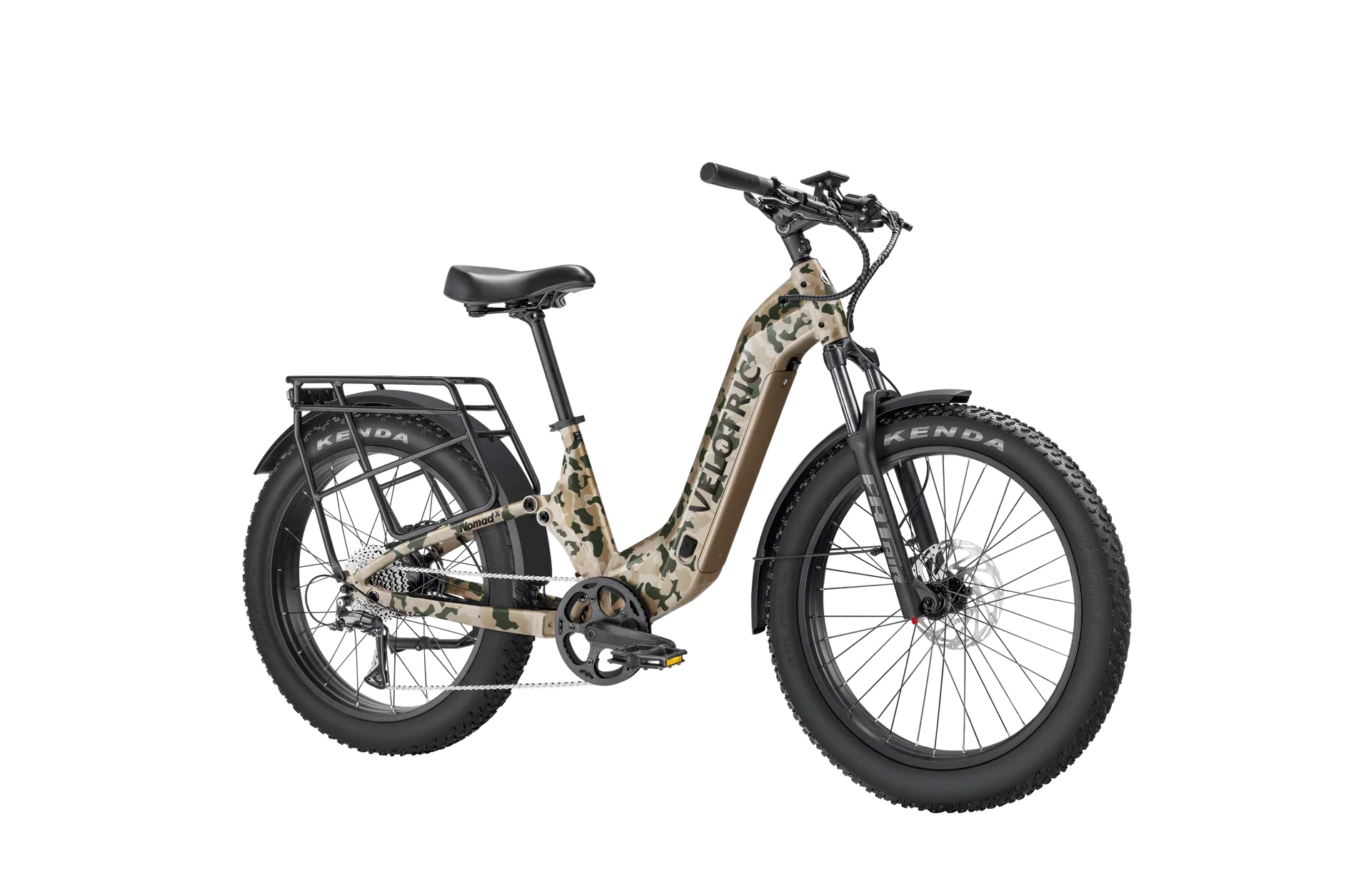 Side view of the Velotric Nomad 2X eBike in matte black, showing its fat tires, front suspension fork, and integrated battery on the downtube.